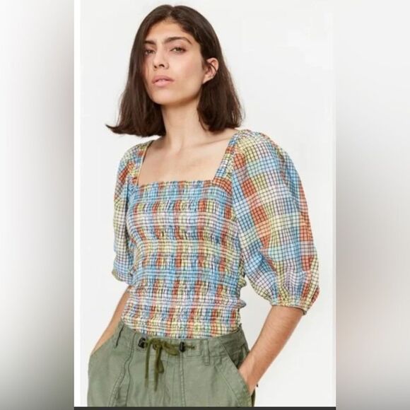 Ganni Tops - GANNI Smocked Cottagecore peasant Puff Sleeve Spring Pastel rainbow Top Size 36